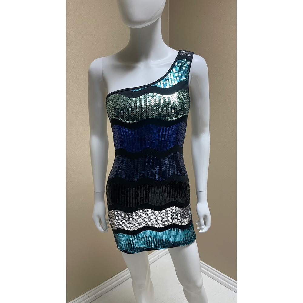 Womens Sequin Mini Dress Blue Silver Black Sequins Stripes Cocktail Bodycon XS